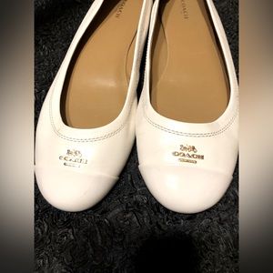 Coach flats/loafers Size11m white leather/white patent with gold embellishment